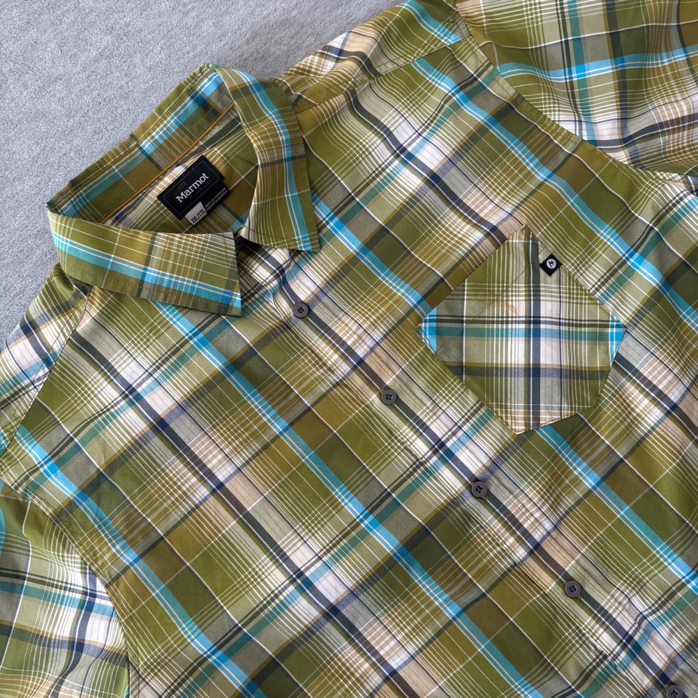 Marmot Mens XXL Short Sleeve Plaid Button Down Shirt Green Blue J43400